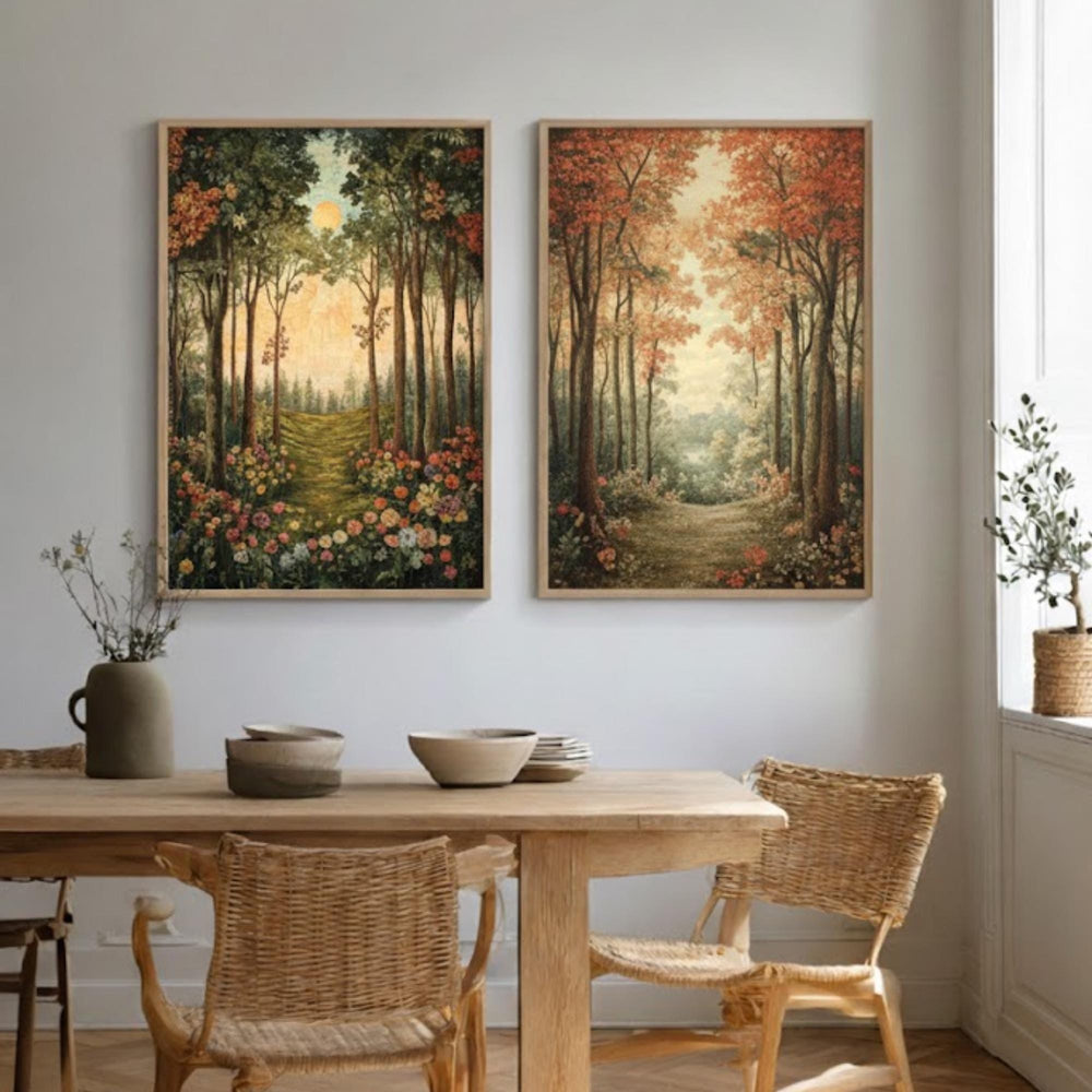 Set of 2 Forest Path Wall Art, Woodland Trail Framed Canvas, Earthy Tree Landscape Prints, Nature-Inspired Artwork, Serene Rustic Home Decor