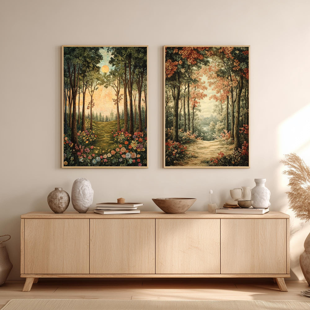 Set of 2 Forest Path Wall Art, Woodland Trail Framed Canvas, Earthy Tree Landscape Prints, Nature-Inspired Artwork, Serene Rustic Home Decor