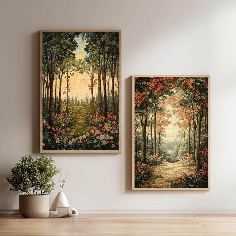 Set of 2 Forest Path Wall Art, Woodland Trail Framed Canvas, Earthy Tree Landscape Prints, Nature-Inspired Artwork, Serene Rustic Home Decor