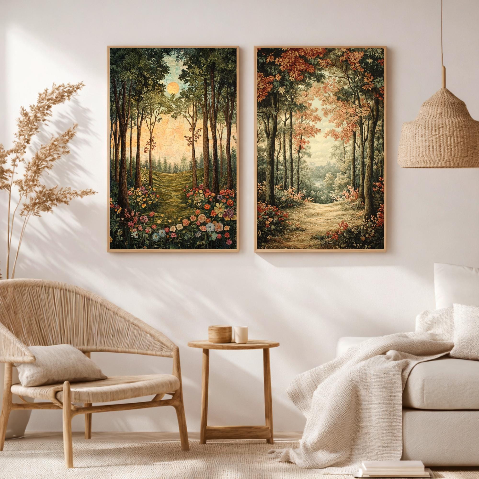 Set of 2 Forest Path Wall Art, Woodland Trail Framed Canvas, Earthy Tree Landscape Prints, Nature-Inspired Artwork, Serene Rustic Home Decor
