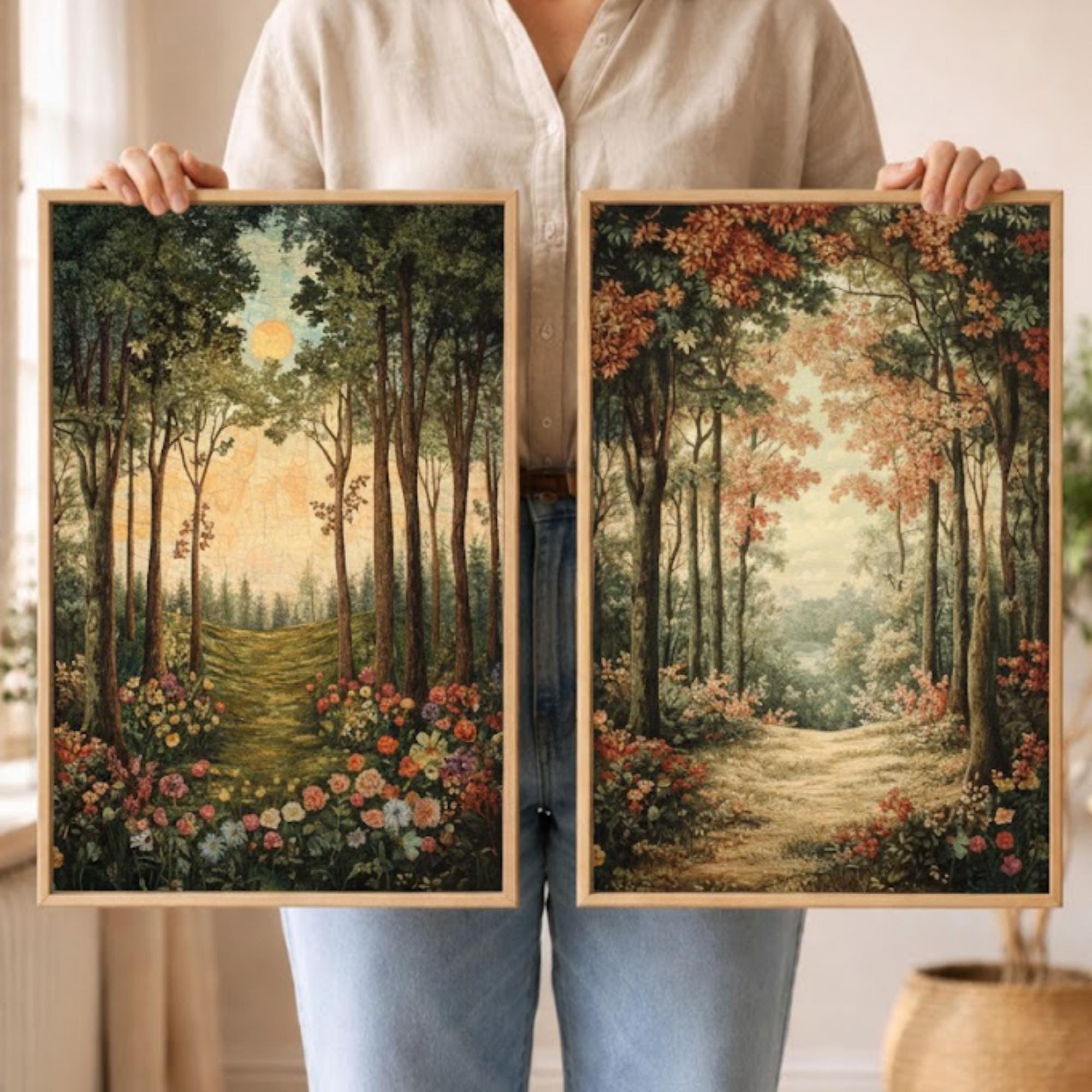 Set of 2 Forest Path Wall Art, Woodland Trail Framed Canvas, Earthy Tree Landscape Prints, Nature-Inspired Artwork, Serene Rustic Home Decor