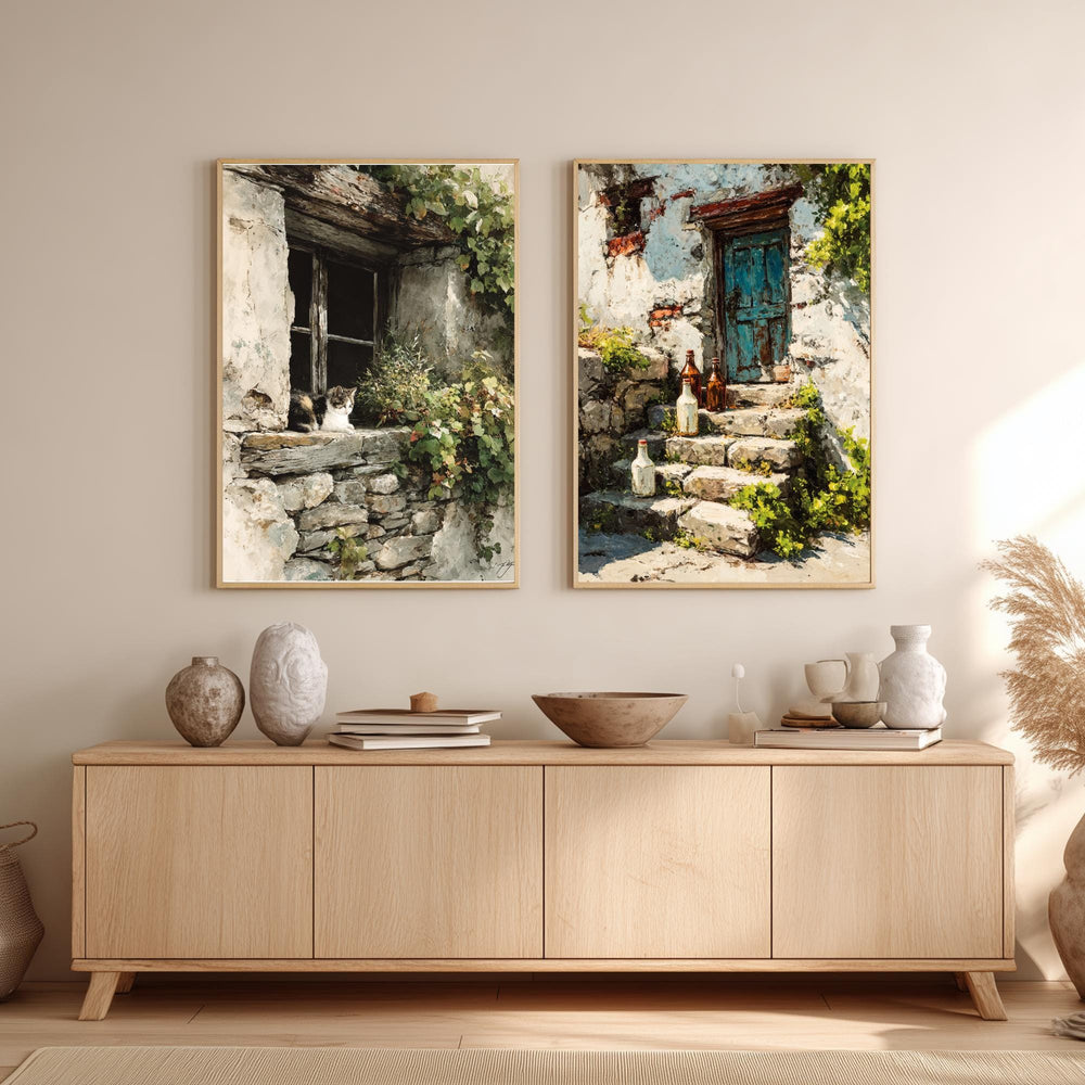 Set of 2 Rustic Cottage Wall Art, Stone Doorway Framed Canvas, European Village Prints, Vintage Countryside Decor, Cozy Home Accent