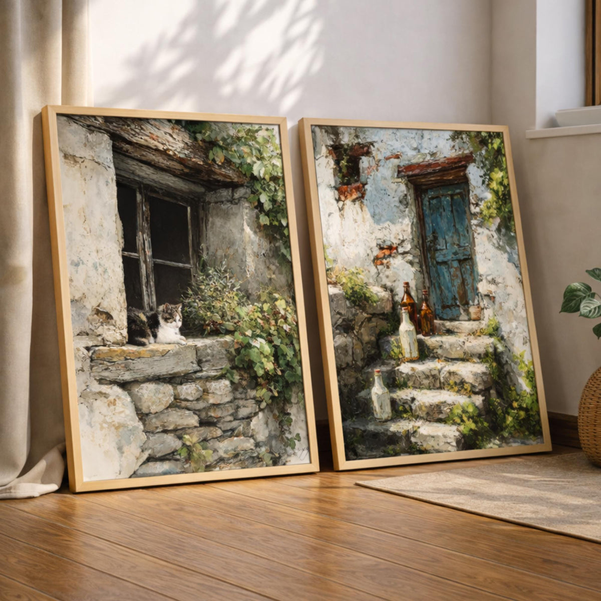 Set of 2 Rustic Cottage Wall Art, Stone Doorway Framed Canvas, European Village Prints, Vintage Countryside Decor, Cozy Home Accent