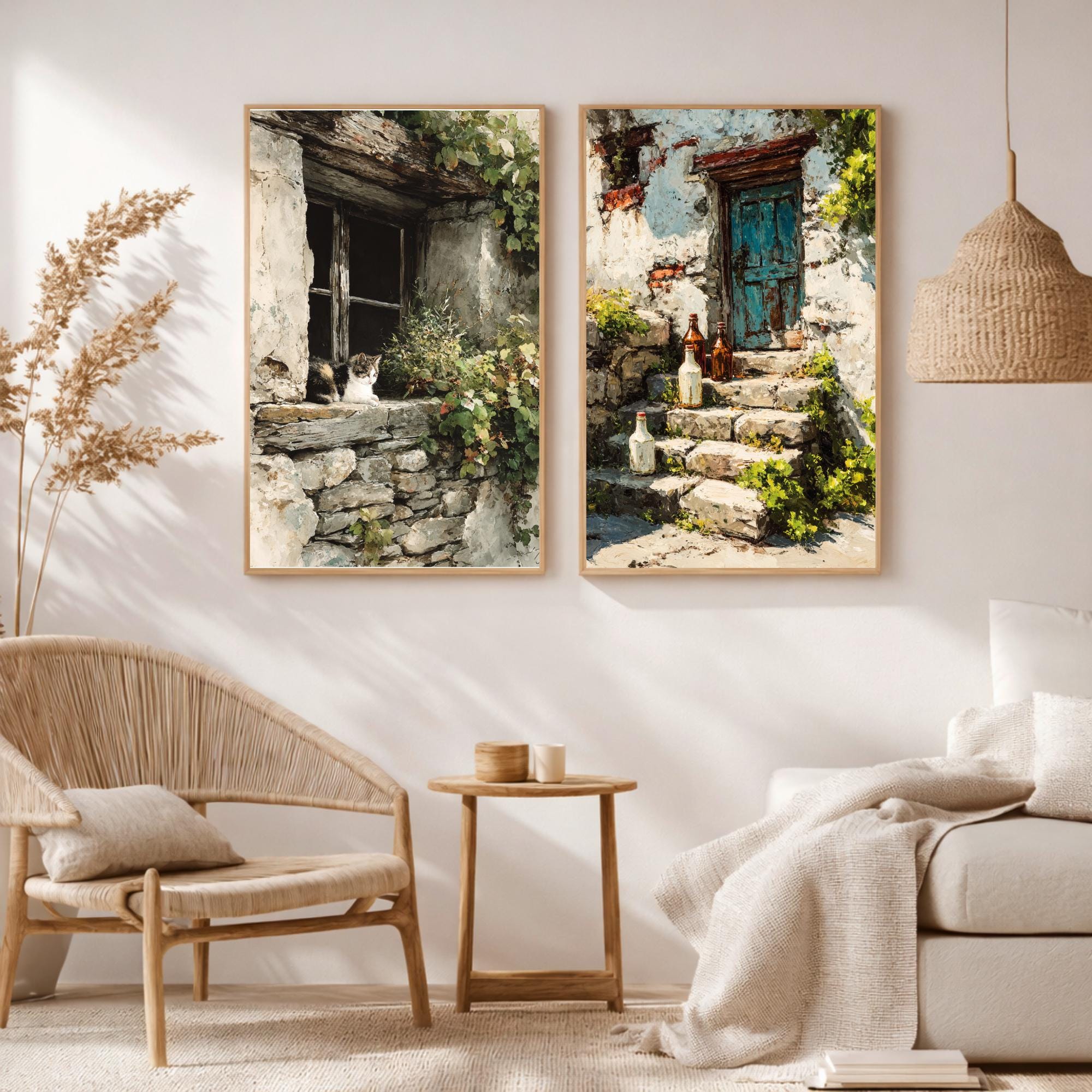 Set of 2 Rustic Cottage Wall Art, Stone Doorway Framed Canvas, European Village Prints, Vintage Countryside Decor, Cozy Home Accent