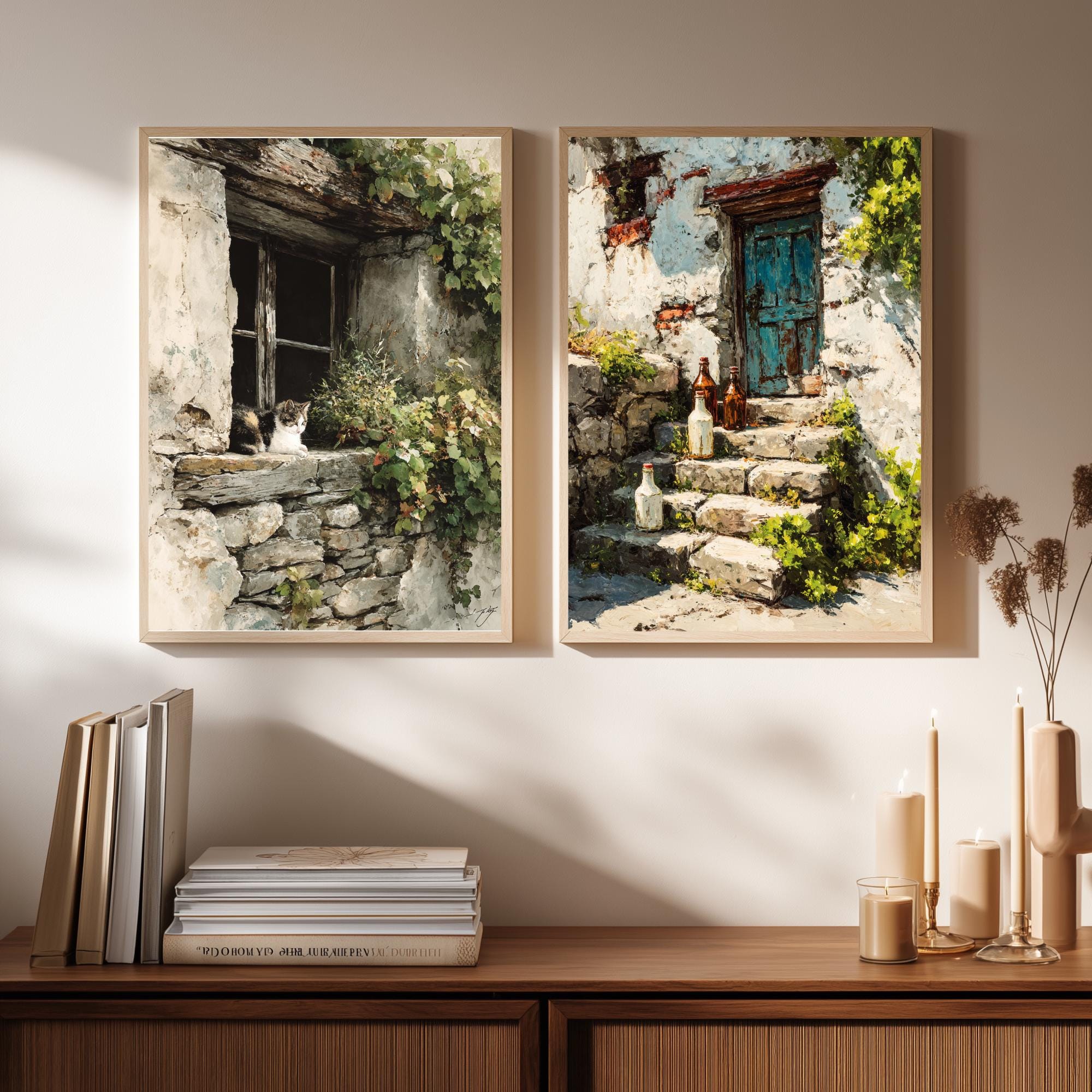 Set of 2 Rustic Cottage Wall Art, Stone Doorway Framed Canvas, European Village Prints, Vintage Countryside Decor, Cozy Home Accent