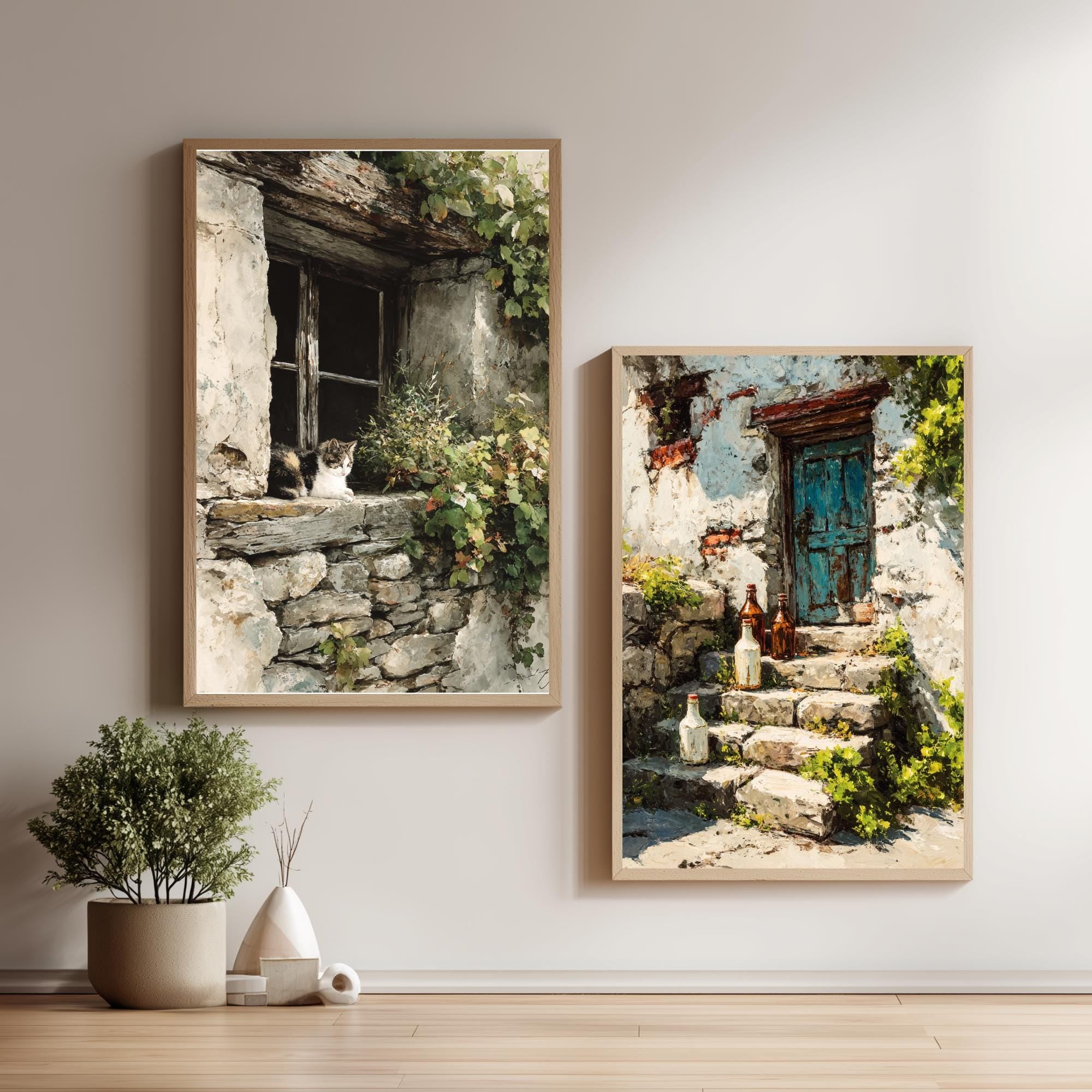 Set of 2 Rustic Cottage Wall Art, Stone Doorway Framed Canvas, European Village Prints, Vintage Countryside Decor, Cozy Home Accent