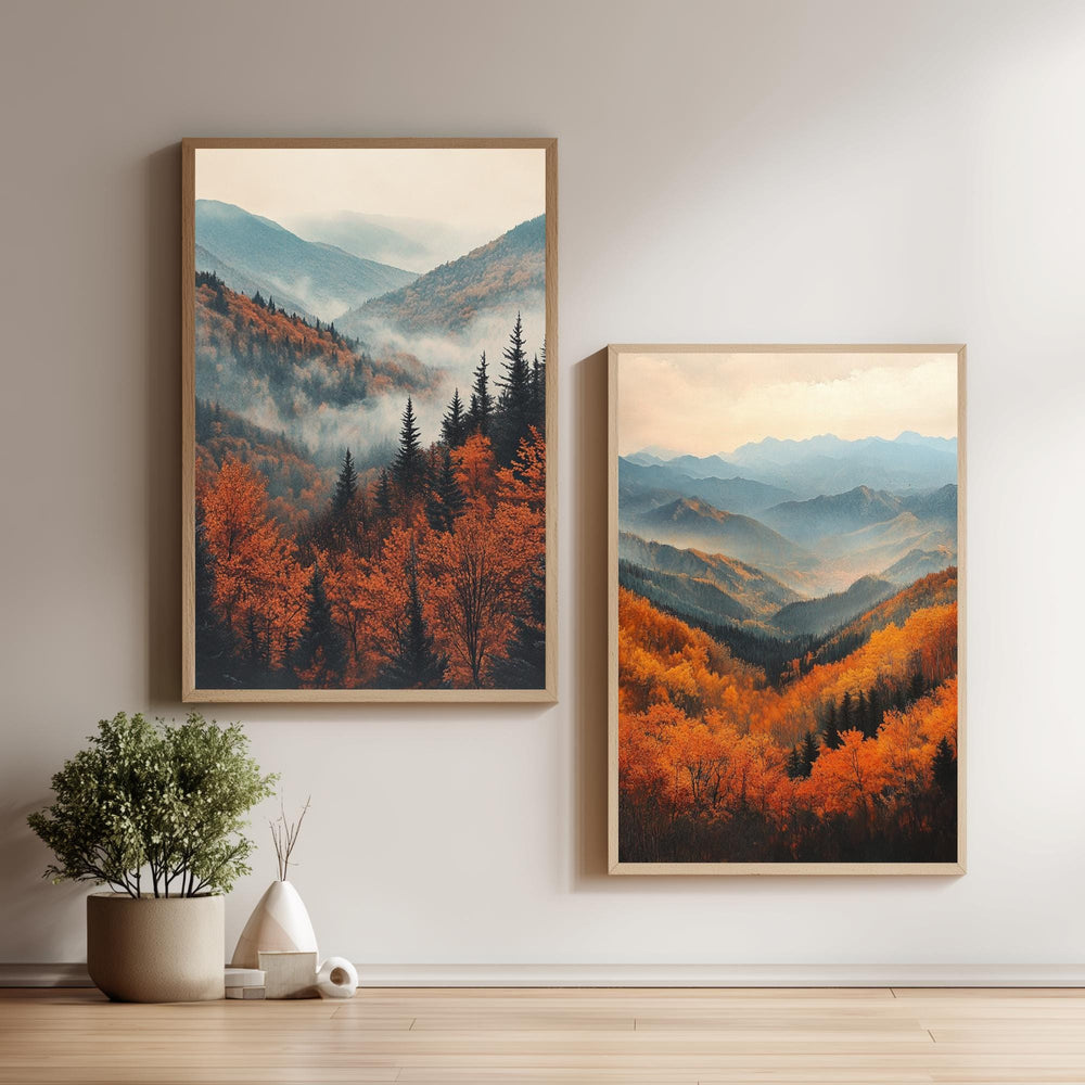 Set of 2 Autumn Mountain Wall Art, Misty Forest Valley Framed Canvas, Warm Fall Landscape Prints, Nature-Inspired Decor, Serene Home Accent