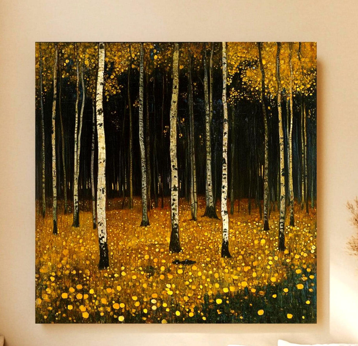 Yellow Woodland Canvas Wall Art, Gustav Klimt Inspired Autumn Forest Print, Golden Nature Poster, Framed Canvas for Warm Rustic Home Decor