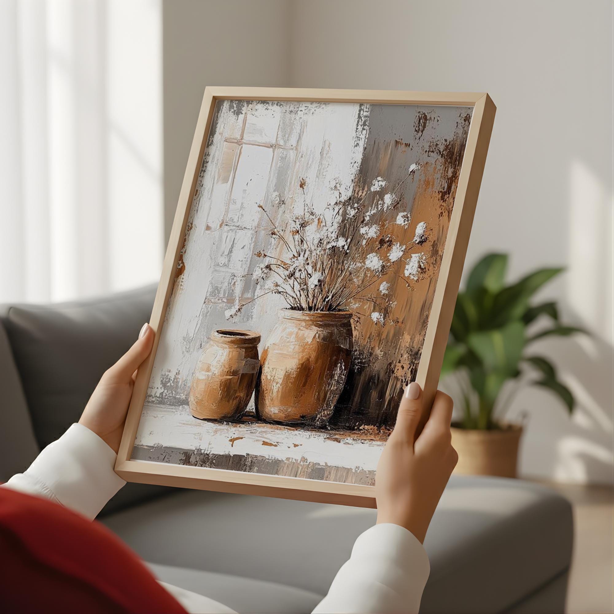 Soft White Floral Vase Wall Art, Neutral Still Life Canvas, Vintage Pottery Flower Artwork, Earthy Farmhouse Decor