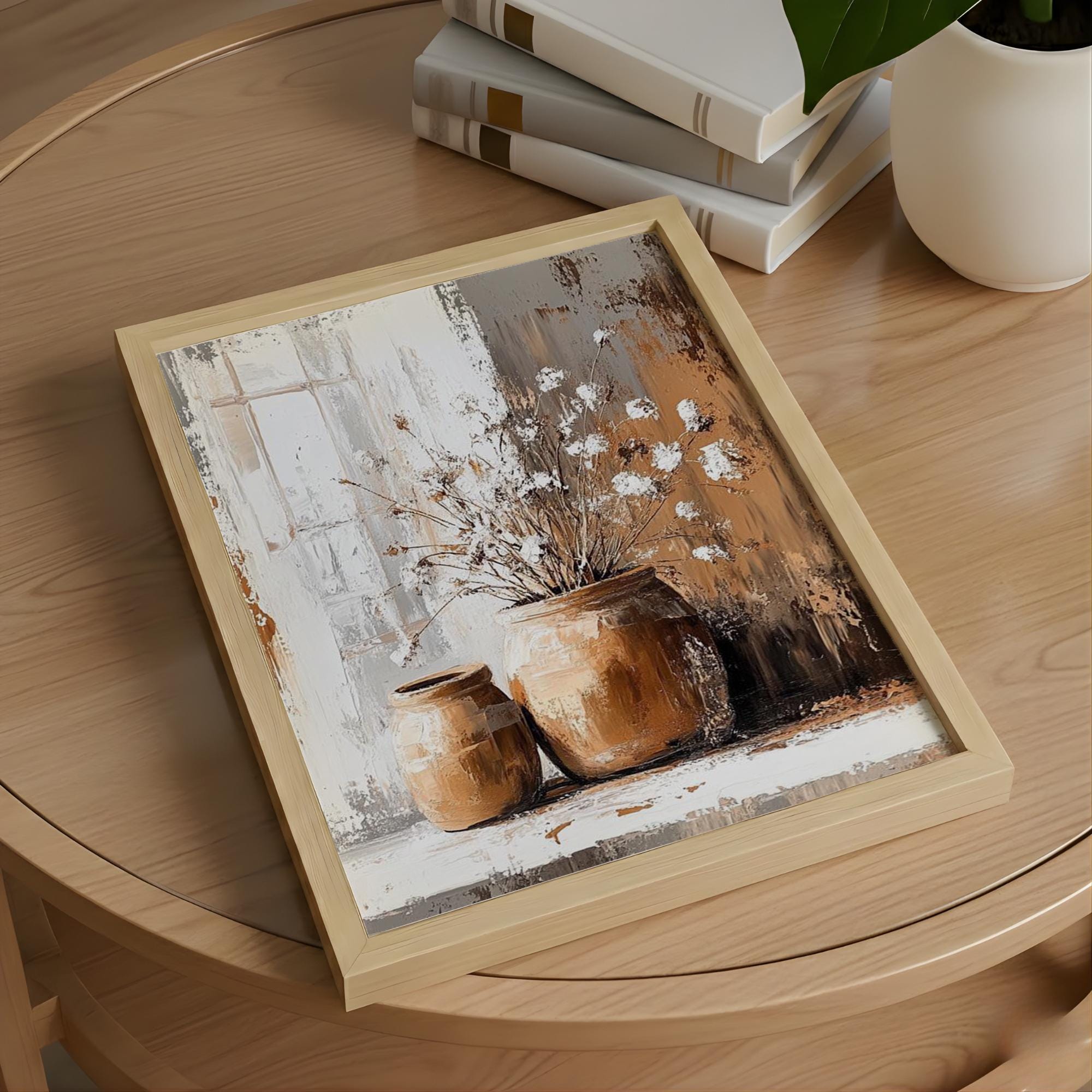 Soft White Floral Vase Wall Art, Neutral Still Life Canvas, Vintage Pottery Flower Artwork, Earthy Farmhouse Decor