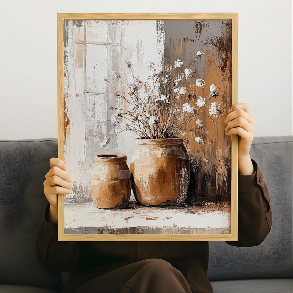 Soft White Floral Vase Wall Art, Neutral Still Life Canvas, Vintage Pottery Flower Artwork, Earthy Farmhouse Decor