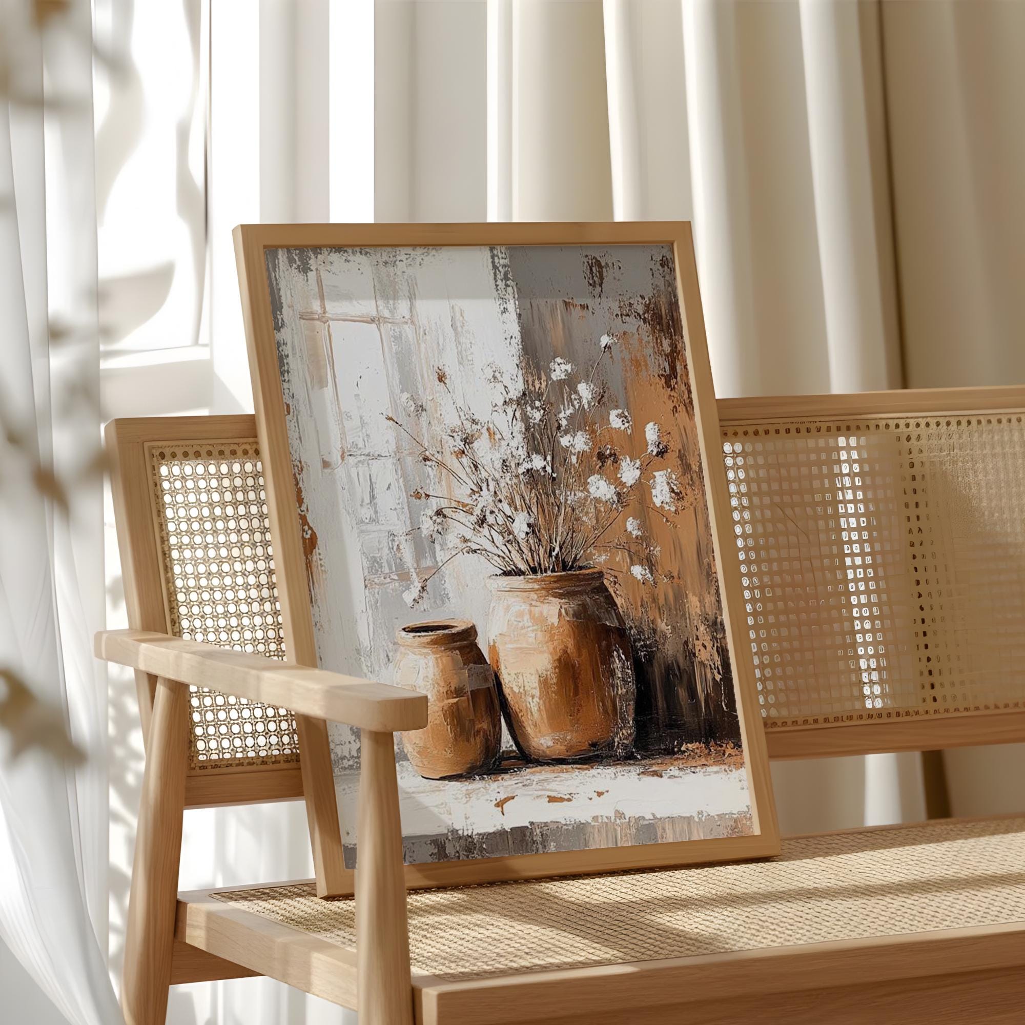 Soft White Floral Vase Wall Art, Neutral Still Life Canvas, Vintage Pottery Flower Artwork, Earthy Farmhouse Decor