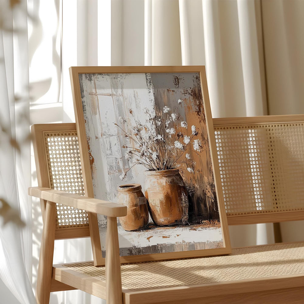 Soft White Floral Vase Wall Art, Neutral Still Life Canvas, Vintage Pottery Flower Artwork, Earthy Farmhouse Decor