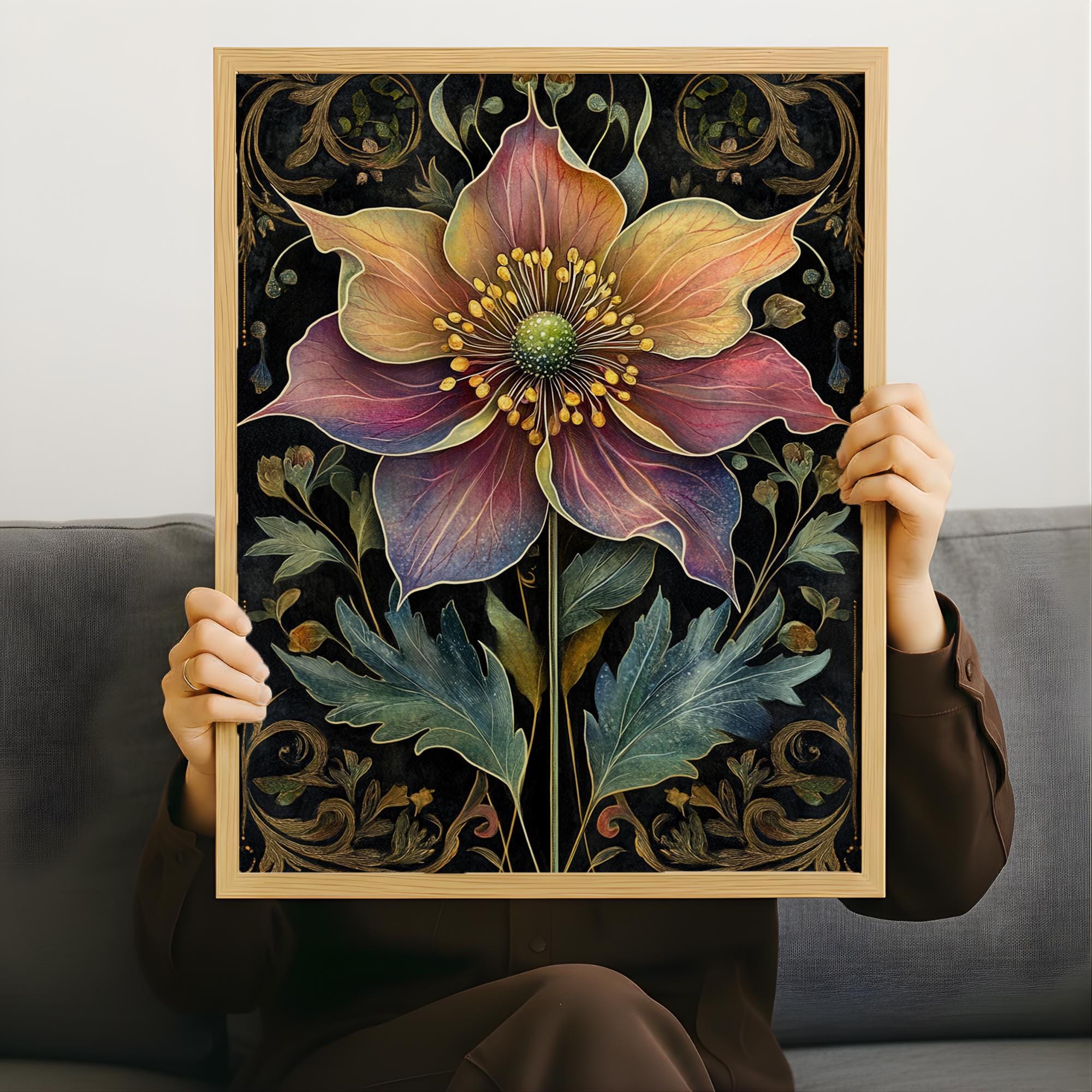 Mystical Botanical Flower Wall Art, Ornate Floral Illustration Canvas, Dark Vintage Nature Artwork, Whimsical Garden Home Decor
