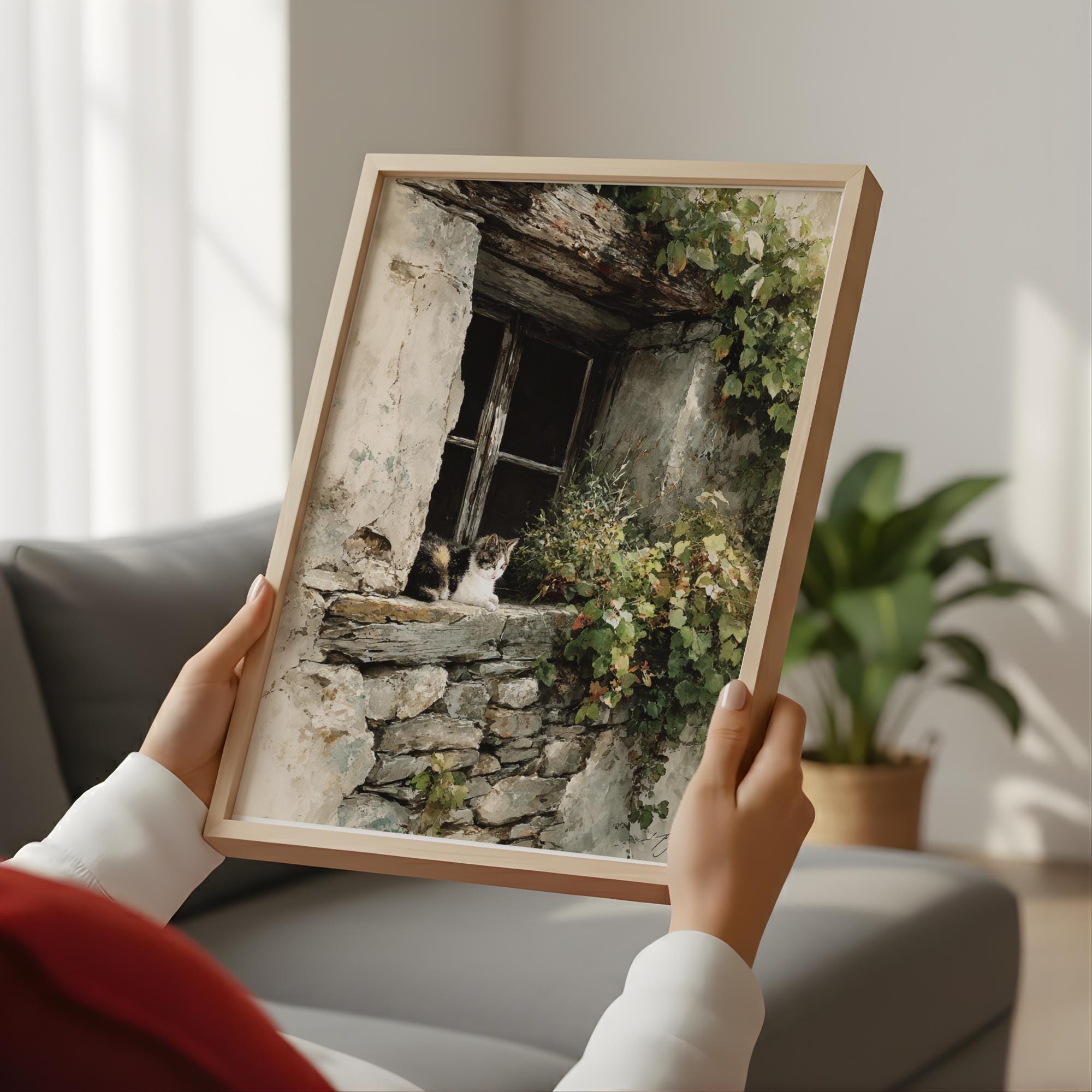 Vintage Stone Window Wall Art, Rustic Cat Cottage Canvas, Weathered European Farmhouse Artwork, Cozy Country Home Decor
