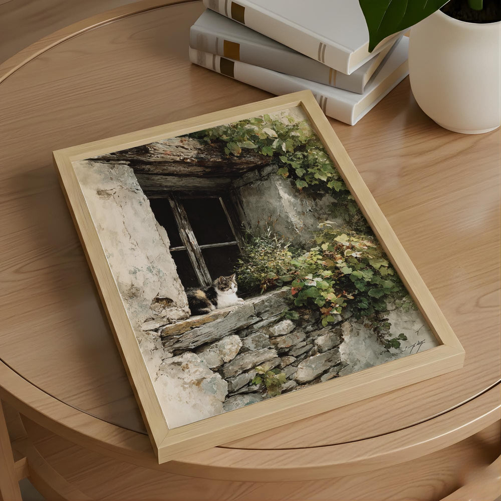 Vintage Stone Window Wall Art, Rustic Cat Cottage Canvas, Weathered European Farmhouse Artwork, Cozy Country Home Decor