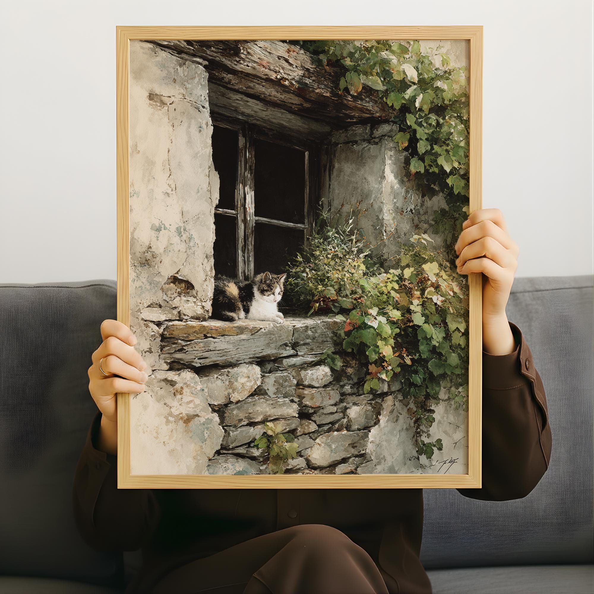 Vintage Stone Window Wall Art, Rustic Cat Cottage Canvas, Weathered European Farmhouse Artwork, Cozy Country Home Decor