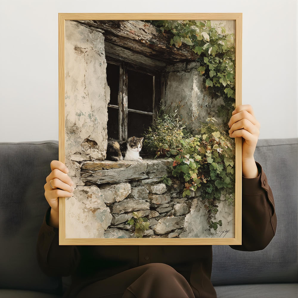Vintage Stone Window Wall Art, Rustic Cat Cottage Canvas, Weathered European Farmhouse Artwork, Cozy Country Home Decor