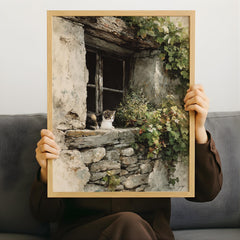 Vintage Stone Window Wall Art, Rustic Cat Cottage Canvas, Weathered European Farmhouse Artwork, Cozy Country Home Decor