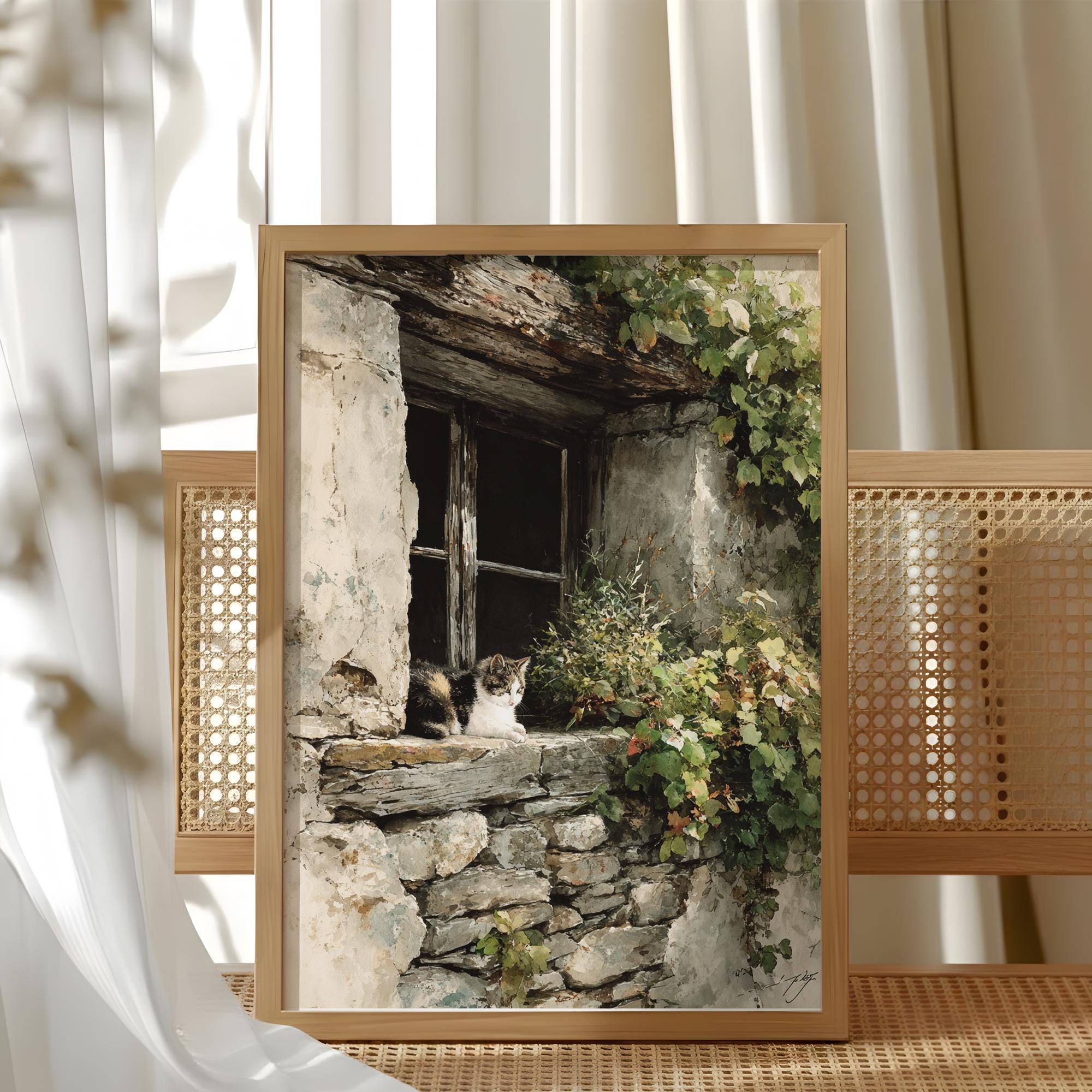 Vintage Stone Window Wall Art, Rustic Cat Cottage Canvas, Weathered European Farmhouse Artwork, Cozy Country Home Decor