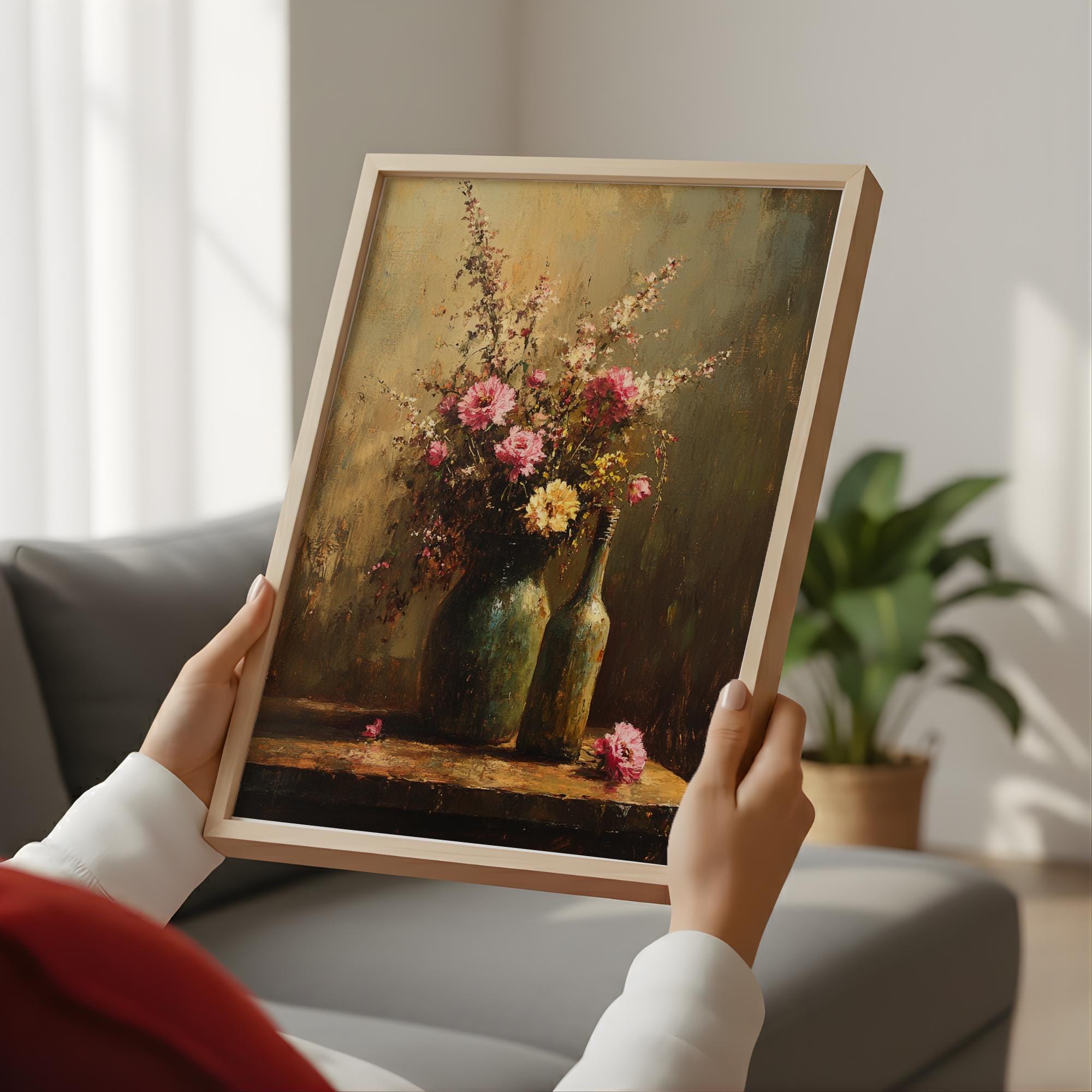 Moody Wildflower Still Life Wall Art, Vintage Floral Bottle Painting, Dark Rustic Floral Canvas, Cottagecore Home Decor