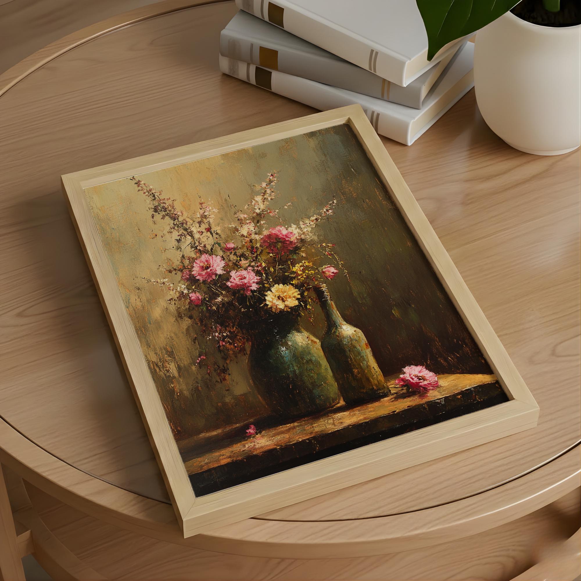 Moody Wildflower Still Life Wall Art, Vintage Floral Bottle Painting, Dark Rustic Floral Canvas, Cottagecore Home Decor