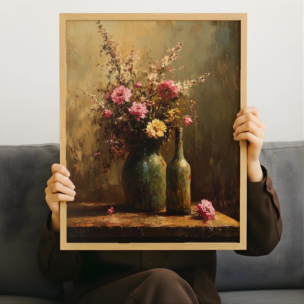 Moody Wildflower Still Life Wall Art, Vintage Floral Bottle Painting, Dark Rustic Floral Canvas, Cottagecore Home Decor