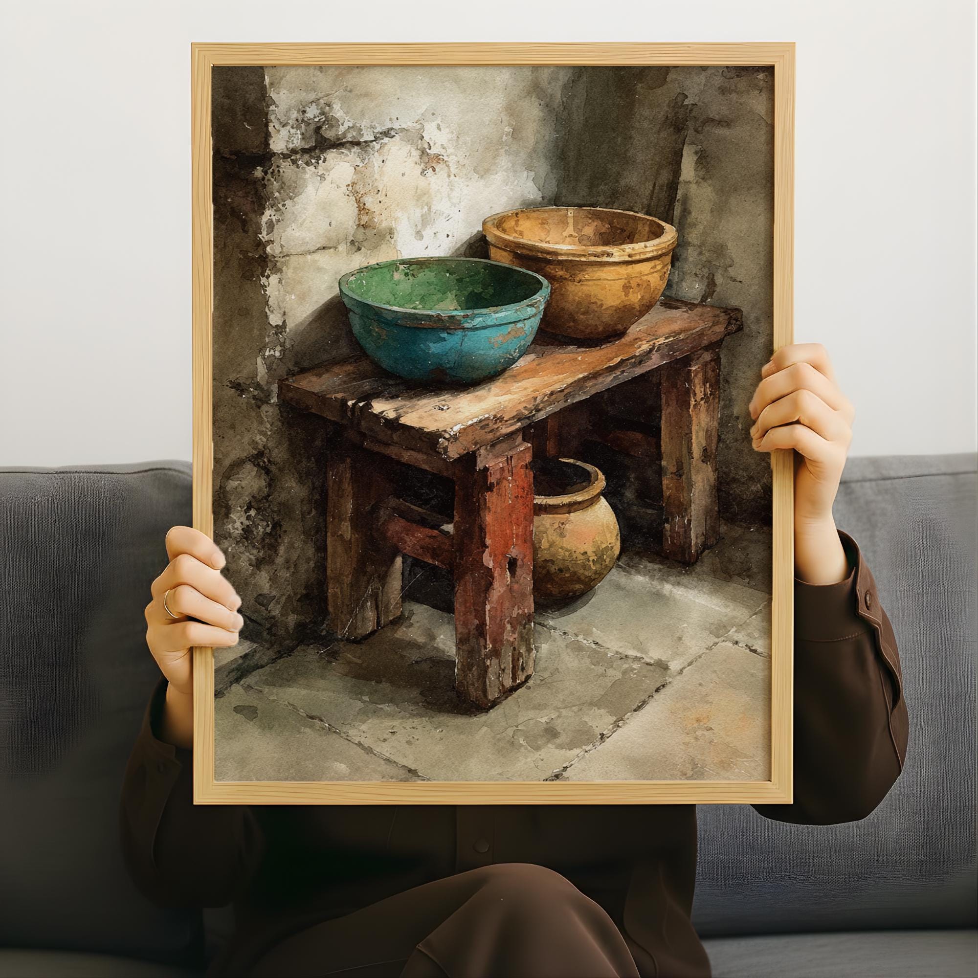 Rustic Wooden Bowl Wall Art, Earthy Farmhouse Still Life Canvas, Weathered Kitchen Corner Artwork, Neutral Country Home Decor