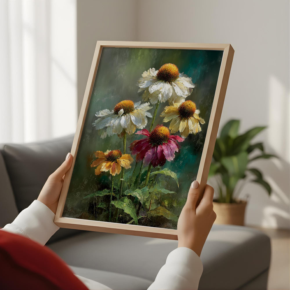 Painterly Coneflower Wall Art, Textured Wildflower Canvas, Soft Botanical Still Life Artwork, Cottage Garden Home Decor