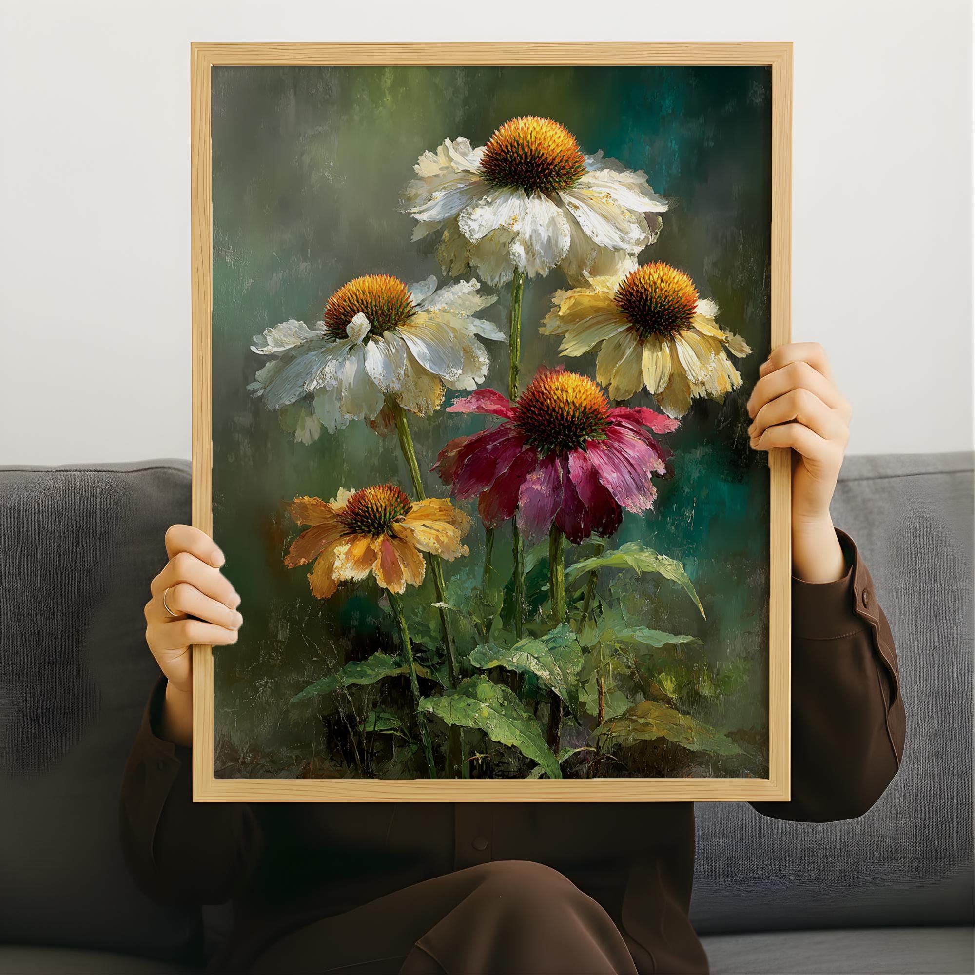 Painterly Coneflower Wall Art, Textured Wildflower Canvas, Soft Botanical Still Life Artwork, Cottage Garden Home Decor
