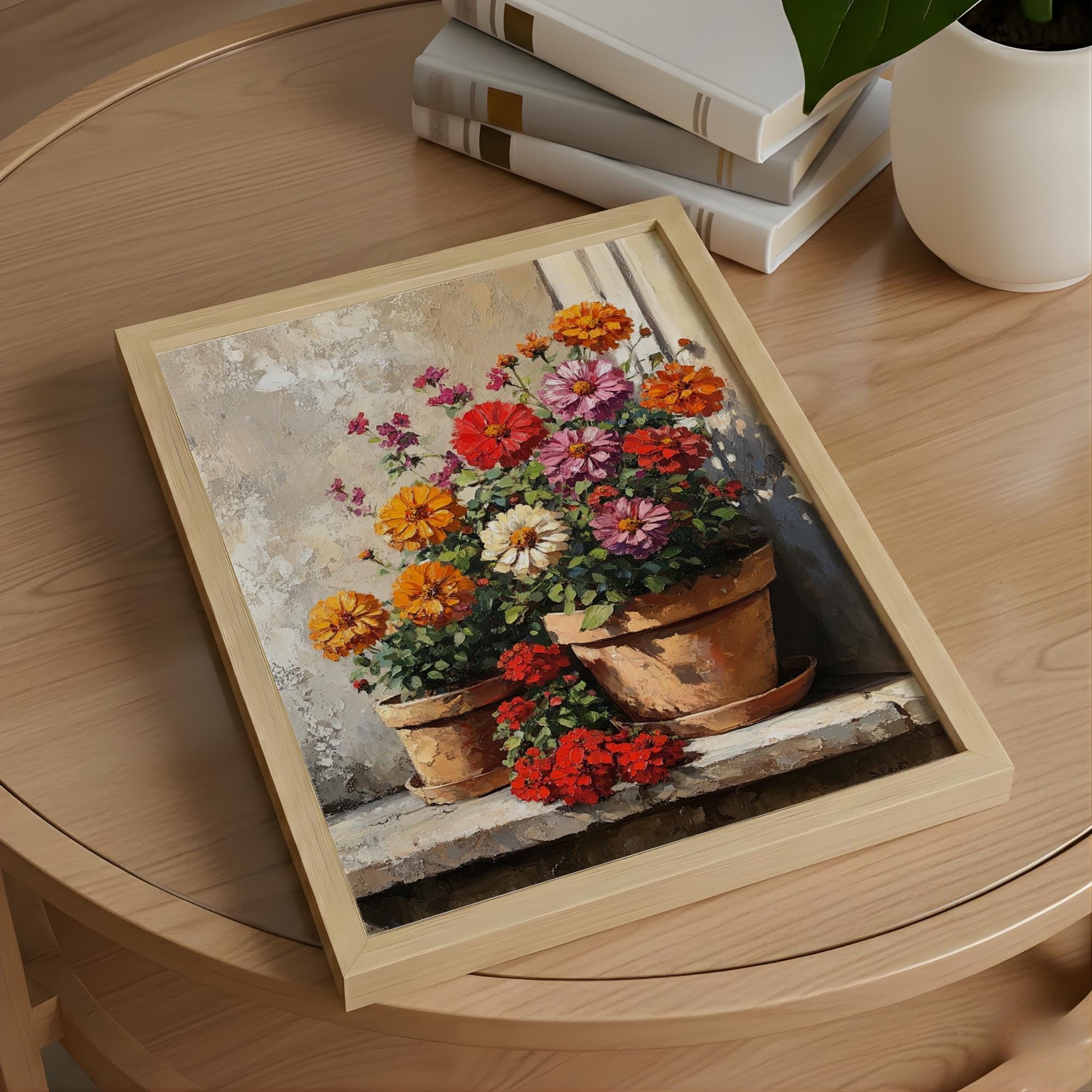 Warm Rustic Flower Pot Wall Art, Sunlit Garden Still Life Canvas, Earthy Cottage Floral Artwork, Farmhouse Interior Decor