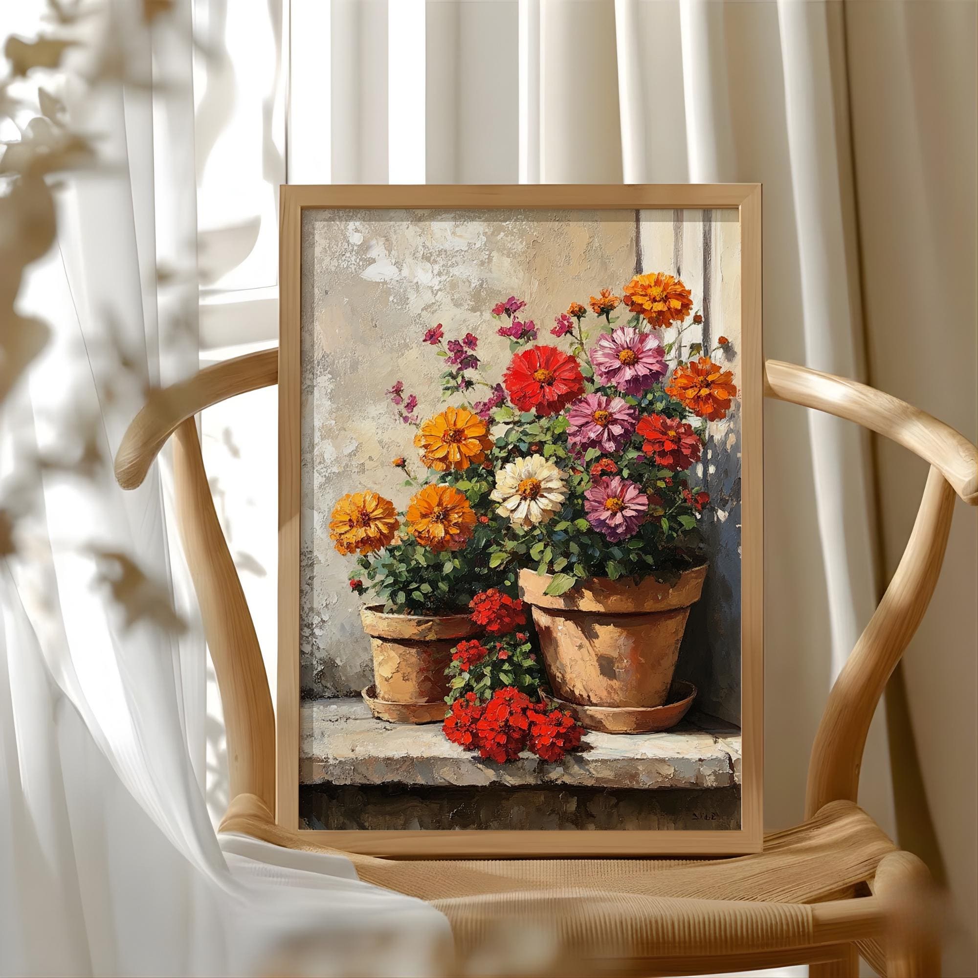 Warm Rustic Flower Pot Wall Art, Sunlit Garden Still Life Canvas, Earthy Cottage Floral Artwork, Farmhouse Interior Decor