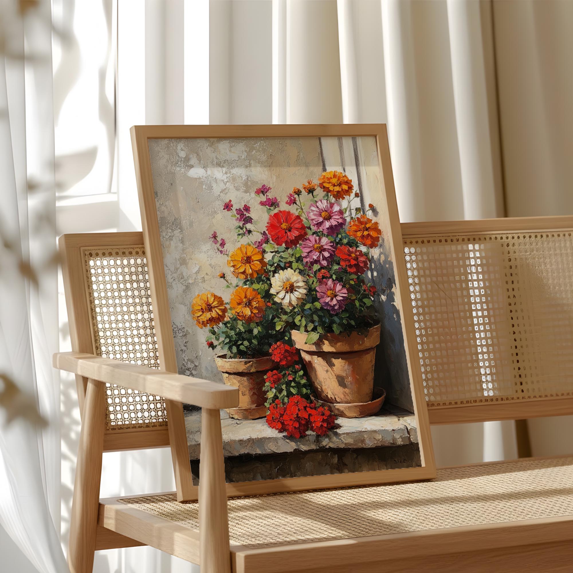 Warm Rustic Flower Pot Wall Art, Sunlit Garden Still Life Canvas, Earthy Cottage Floral Artwork, Farmhouse Interior Decor