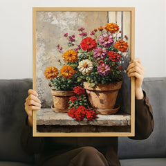 Warm Rustic Flower Pot Wall Art, Sunlit Garden Still Life Canvas, Earthy Cottage Floral Artwork, Farmhouse Interior Decor