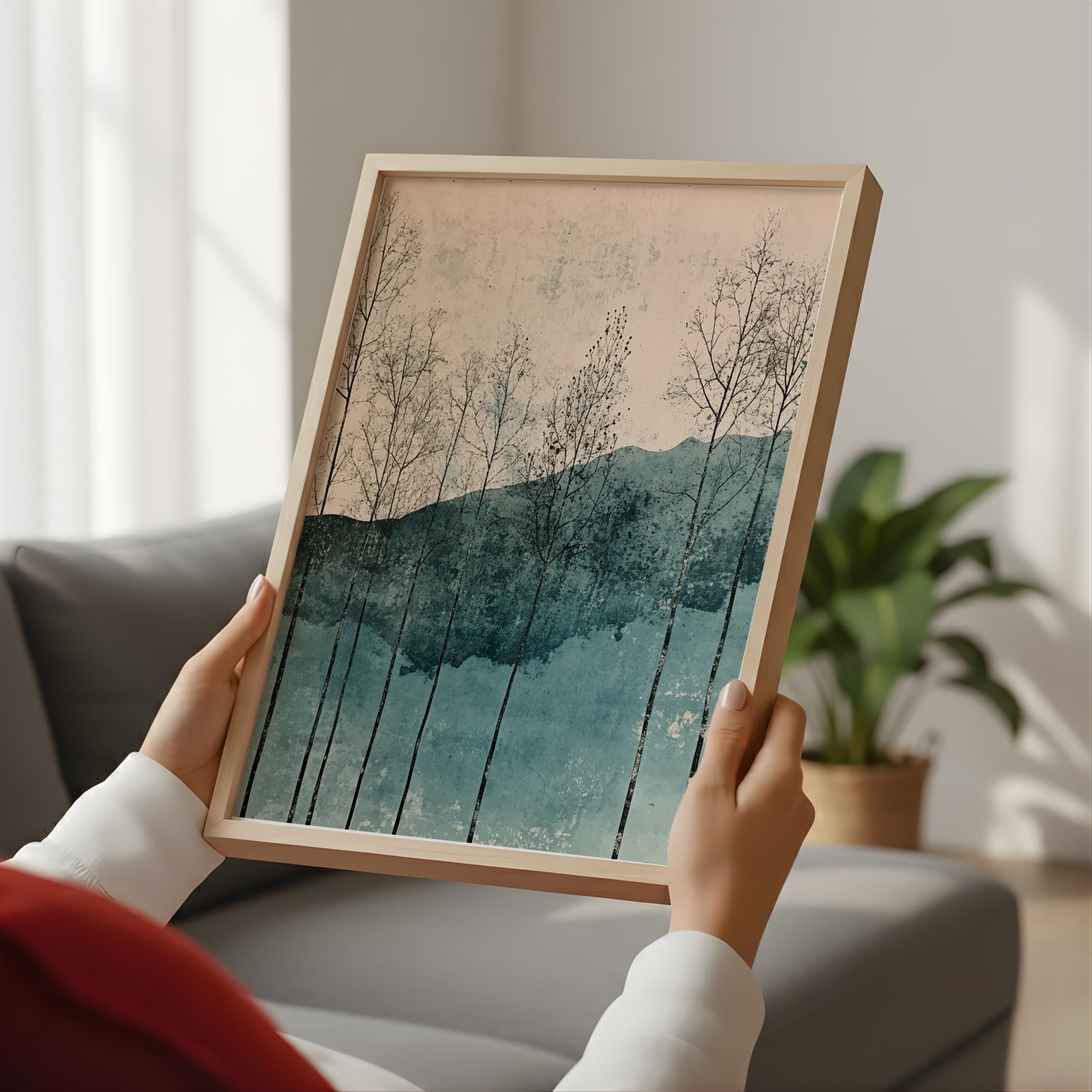 Minimal Forest Landscape Wall Art, Abstract Trees and Hills Illustration, Soft Teal Neutral Nature Artwork, Modern Calm Home Decor