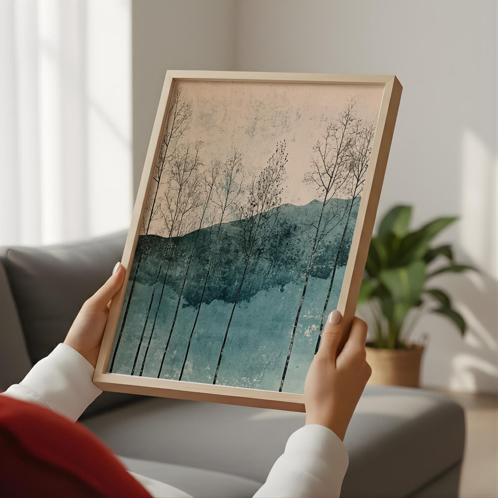 Minimal Forest Landscape Wall Art, Abstract Trees and Hills Illustration, Soft Teal Neutral Nature Artwork, Modern Calm Home Decor