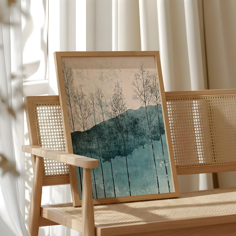 Minimal Forest Landscape Wall Art, Abstract Trees and Hills Illustration, Soft Teal Neutral Nature Artwork, Modern Calm Home Decor