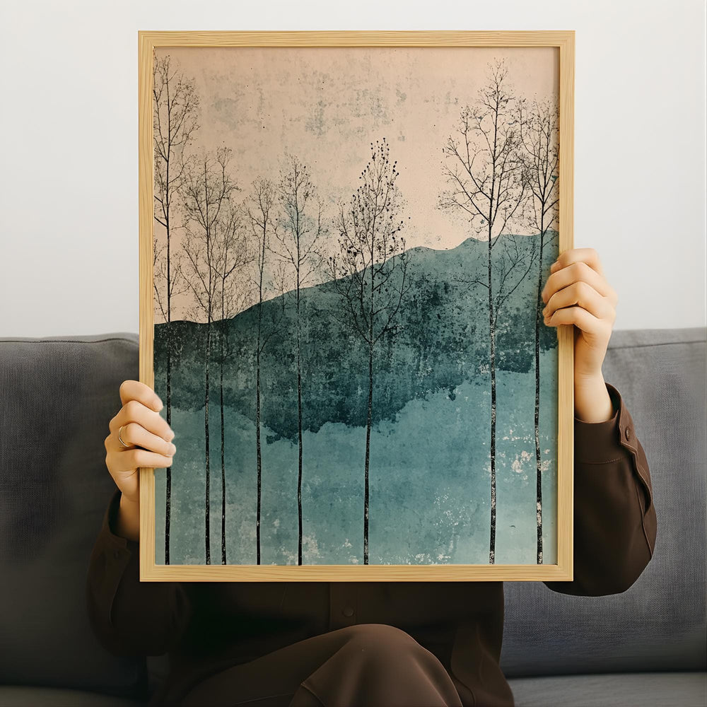 Minimal Forest Landscape Wall Art, Abstract Trees and Hills Illustration, Soft Teal Neutral Nature Artwork, Modern Calm Home Decor