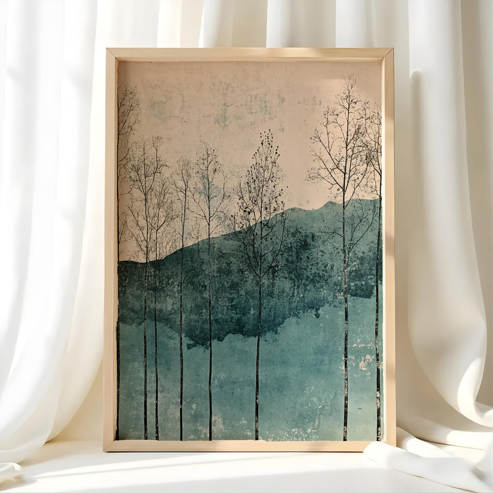 Minimal Forest Landscape Wall Art, Abstract Trees and Hills Illustration, Soft Teal Neutral Nature Artwork, Modern Calm Home Decor