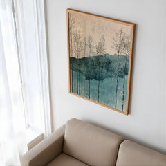 Minimal Forest Landscape Wall Art, Abstract Trees and Hills Illustration, Soft Teal Neutral Nature Artwork, Modern Calm Home Decor