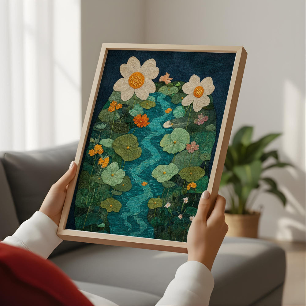 Botanical River Garden Wall Art, Flowing Stream Floral Illustration, Lush Green Nature Design, Whimsical Cottage Home Decor