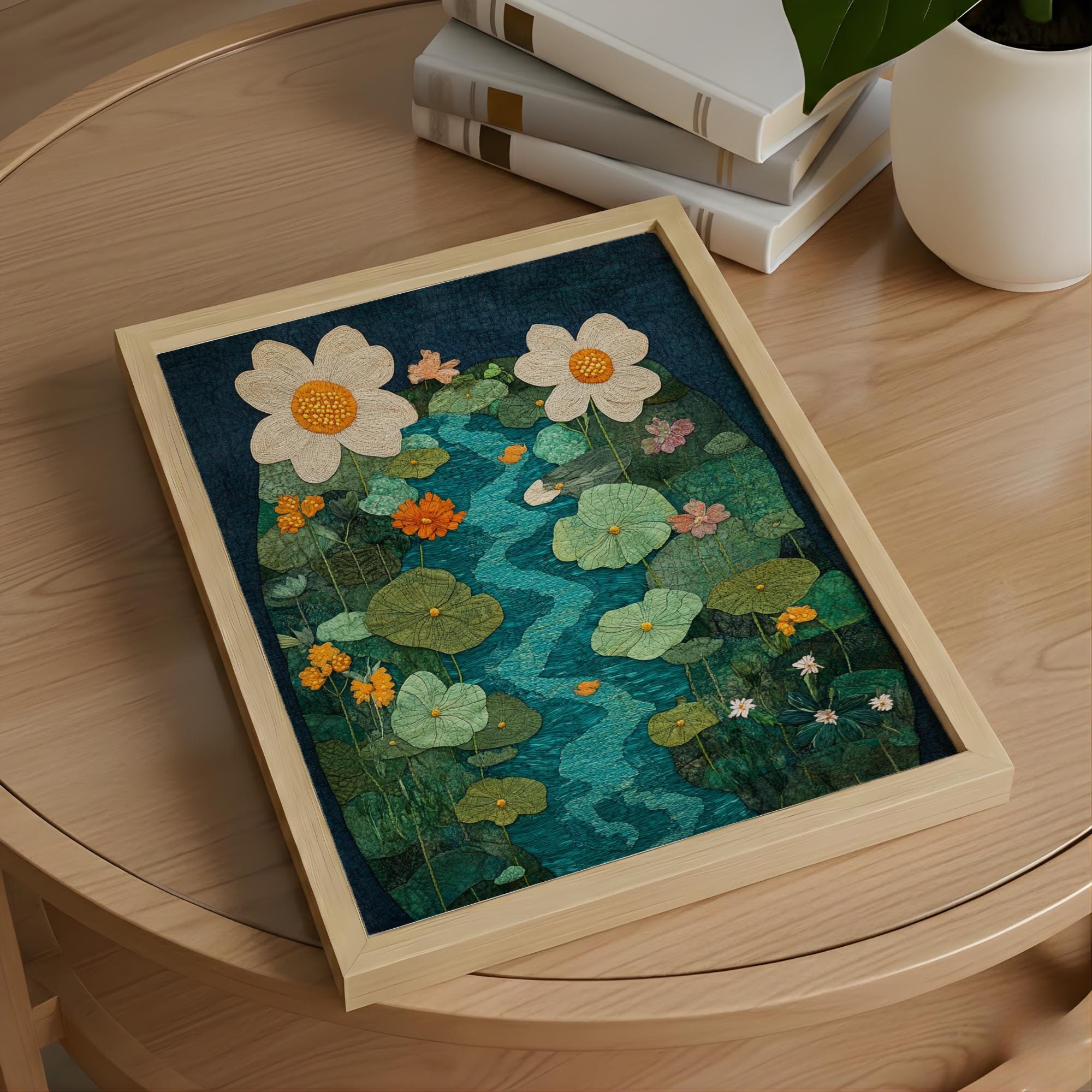 Botanical River Garden Wall Art, Flowing Stream Floral Illustration, Lush Green Nature Design, Whimsical Cottage Home Decor