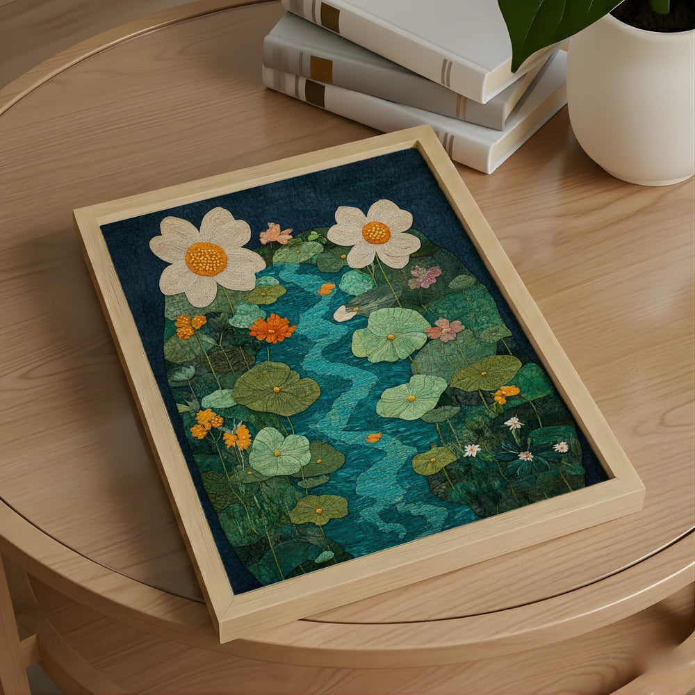 Botanical River Garden Wall Art, Flowing Stream Floral Illustration, Lush Green Nature Design, Whimsical Cottage Home Decor