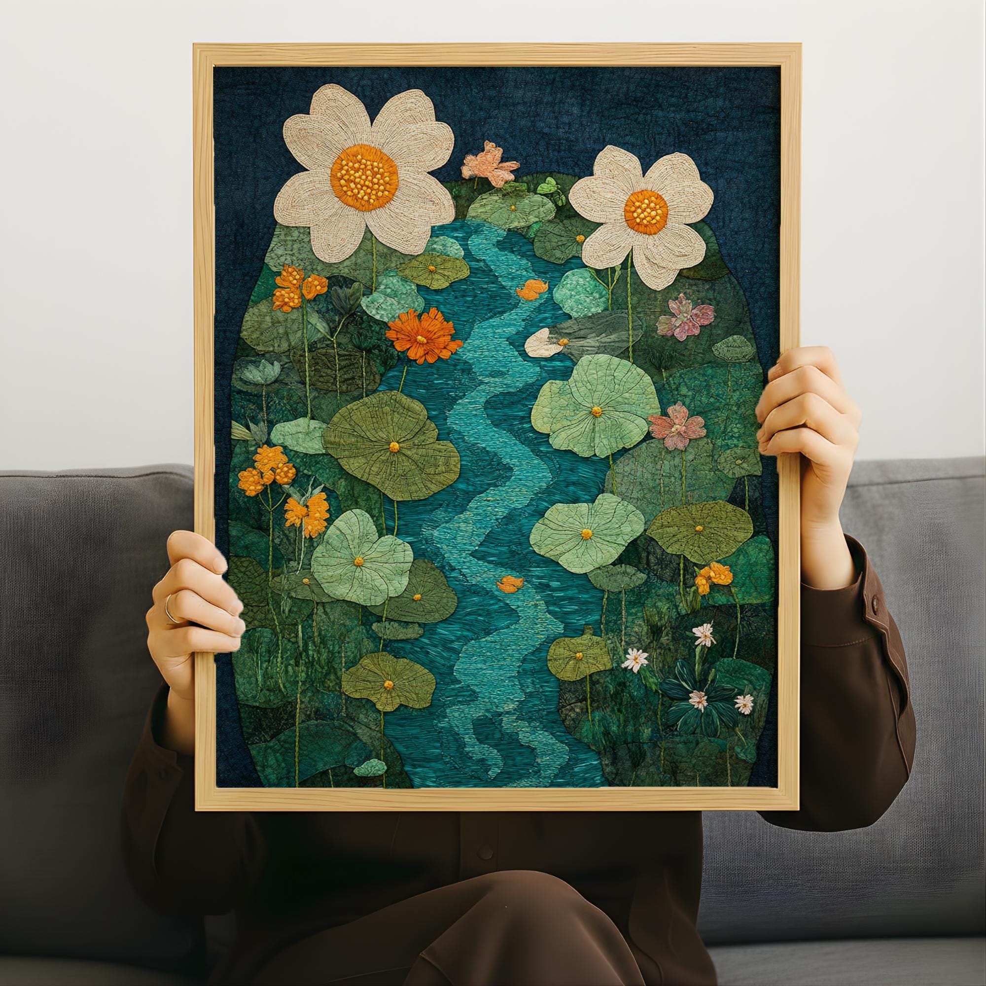 Botanical River Garden Wall Art, Flowing Stream Floral Illustration, Lush Green Nature Design, Whimsical Cottage Home Decor