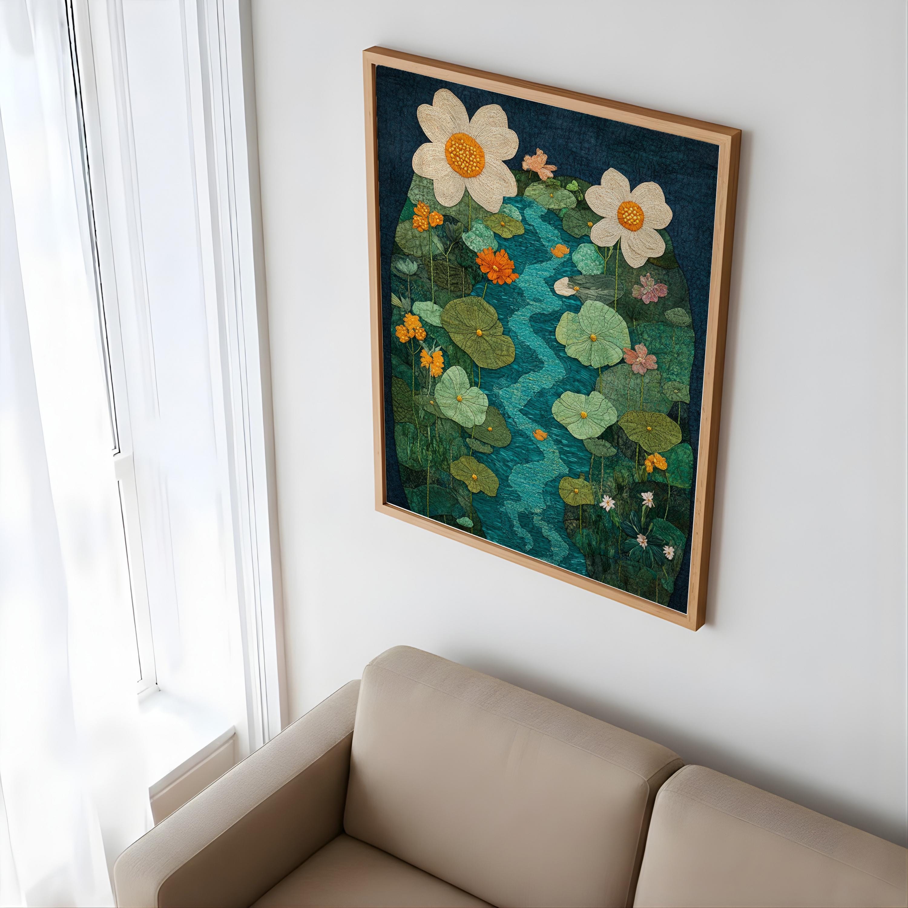 Botanical River Garden Wall Art, Flowing Stream Floral Illustration, Lush Green Nature Design, Whimsical Cottage Home Decor