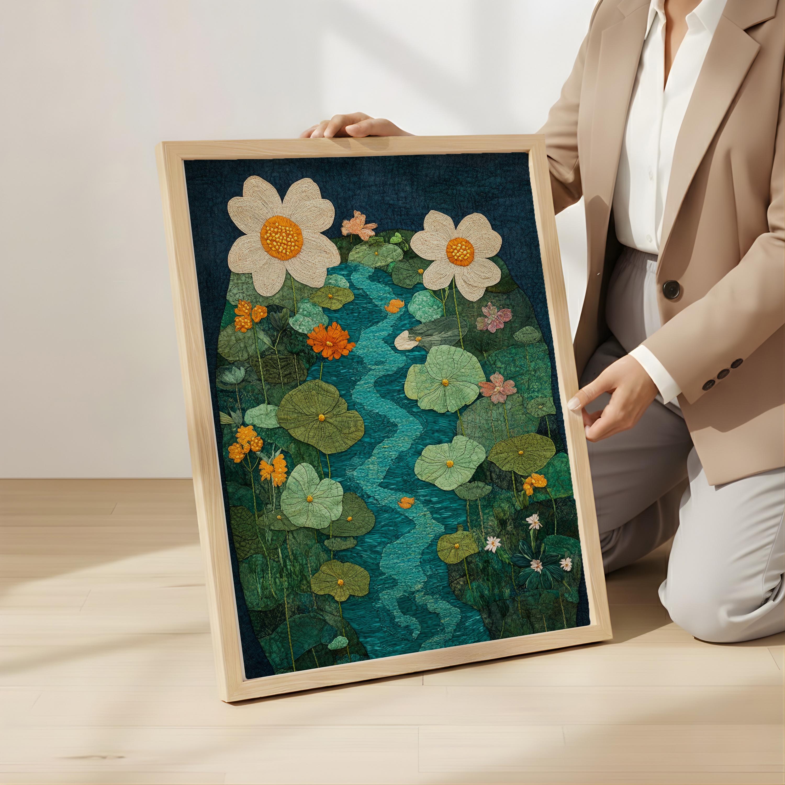 Botanical River Garden Wall Art, Flowing Stream Floral Illustration, Lush Green Nature Design, Whimsical Cottage Home Decor