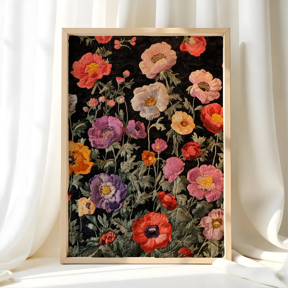 Vintage Floral Pattern Wall Art, Dark Botanical Garden Illustration, Colorful Wildflower Design, Cottagecore Home Decor Print