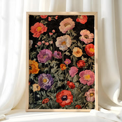 Vintage Floral Pattern Wall Art, Dark Botanical Garden Illustration, Colorful Wildflower Design, Cottagecore Home Decor Print