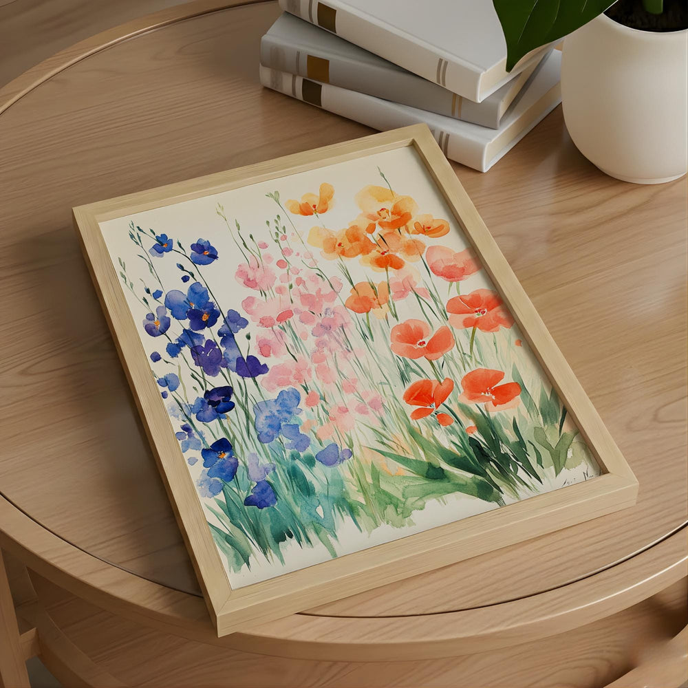 Soft Watercolor Wildflower Wall Art, Blue Peach Floral Meadow Illustration, Light Botanical Print, Airy Cottage Garden Home Decor