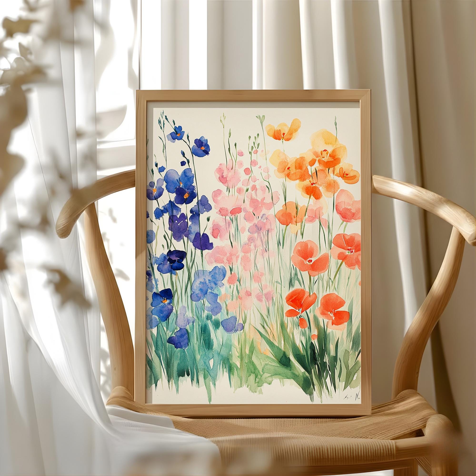 Soft Watercolor Wildflower Wall Art, Blue Peach Floral Meadow Illustration, Light Botanical Print, Airy Cottage Garden Home Decor